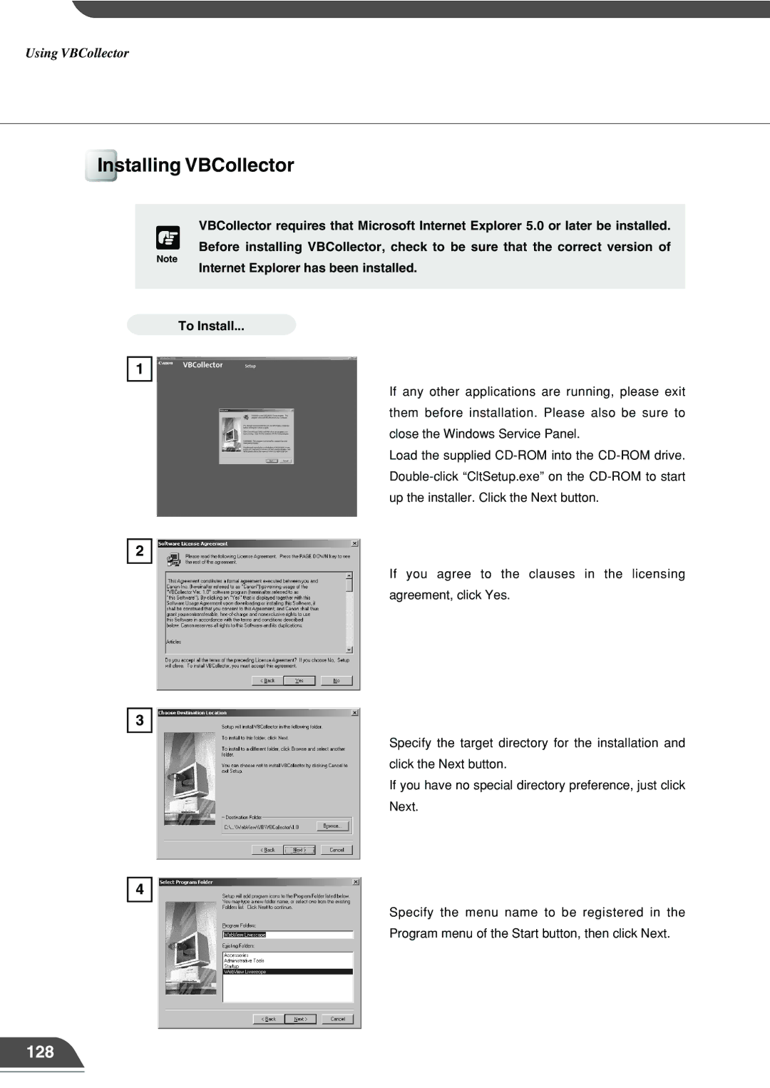 Canon VB101 appendix Installing VBCollector, 128 