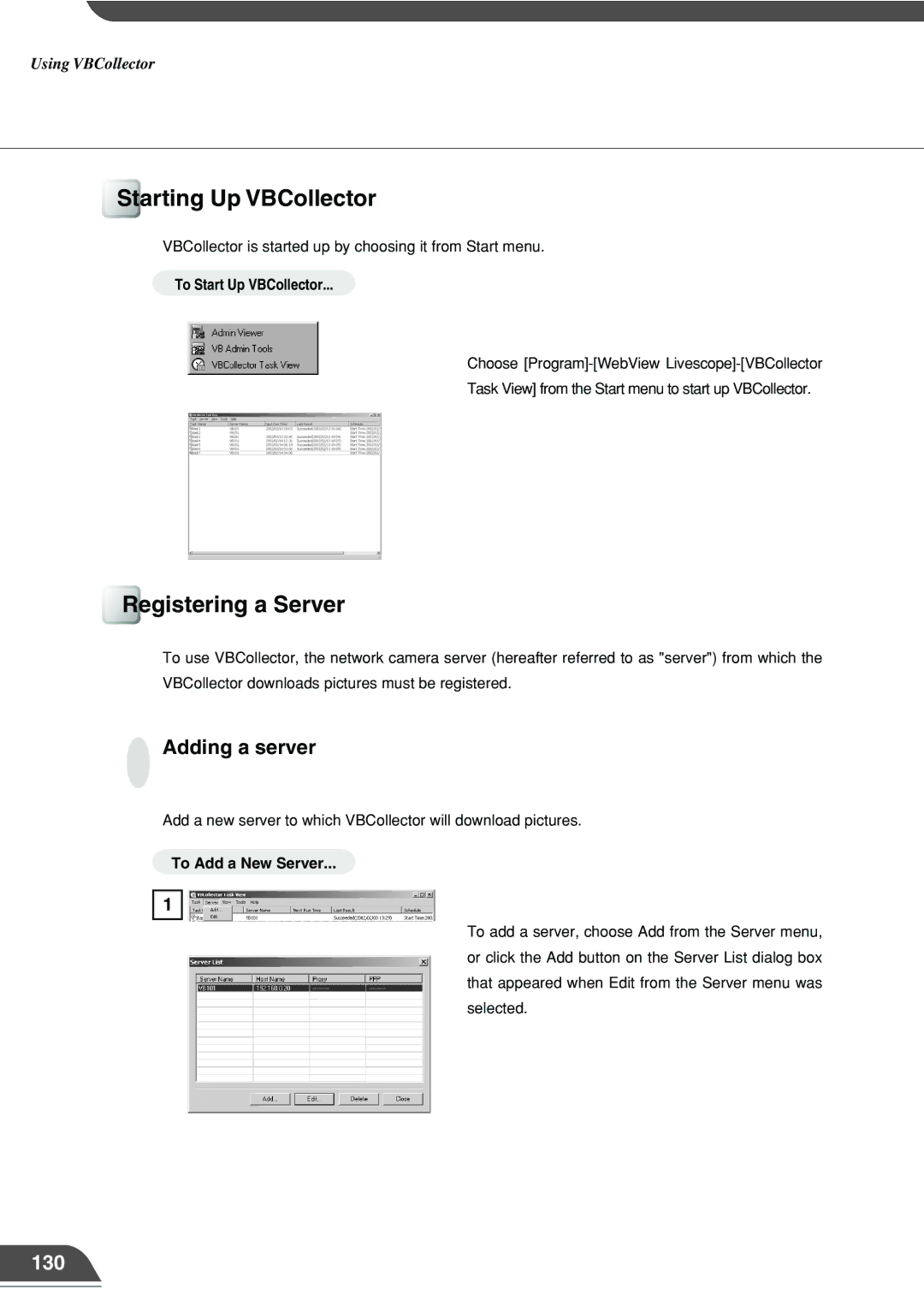 Canon VB101 appendix Starting Up VBCollector, Registering a Server, Adding a server, 130 