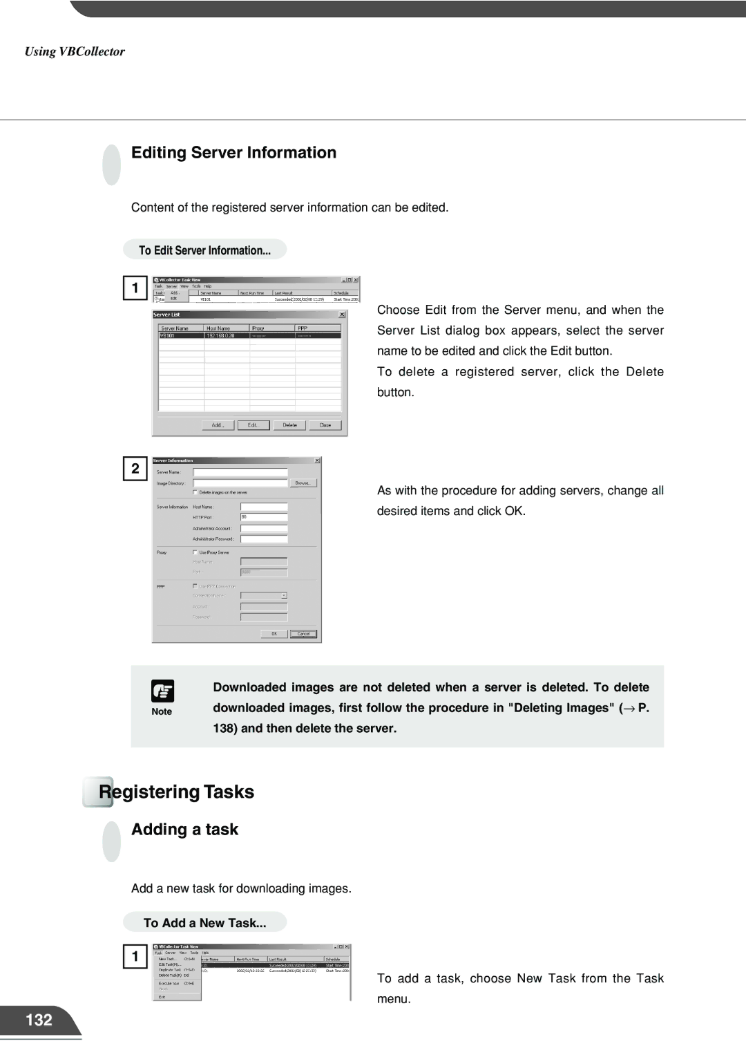 Canon VB101 appendix Registering Tasks, Editing Server Information, Adding a task, 132 