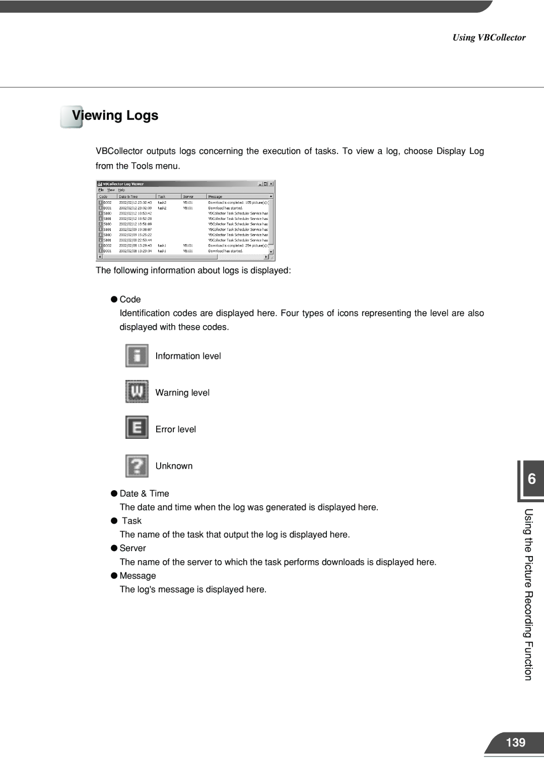 Canon VB101 appendix Viewing Logs, 139 