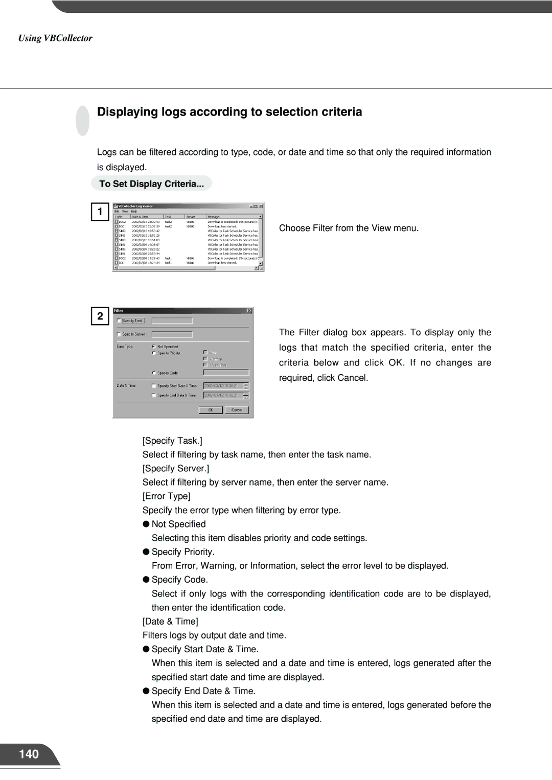 Canon VB101 appendix Displaying logs according to selection criteria, 140, To Set Display Criteria 