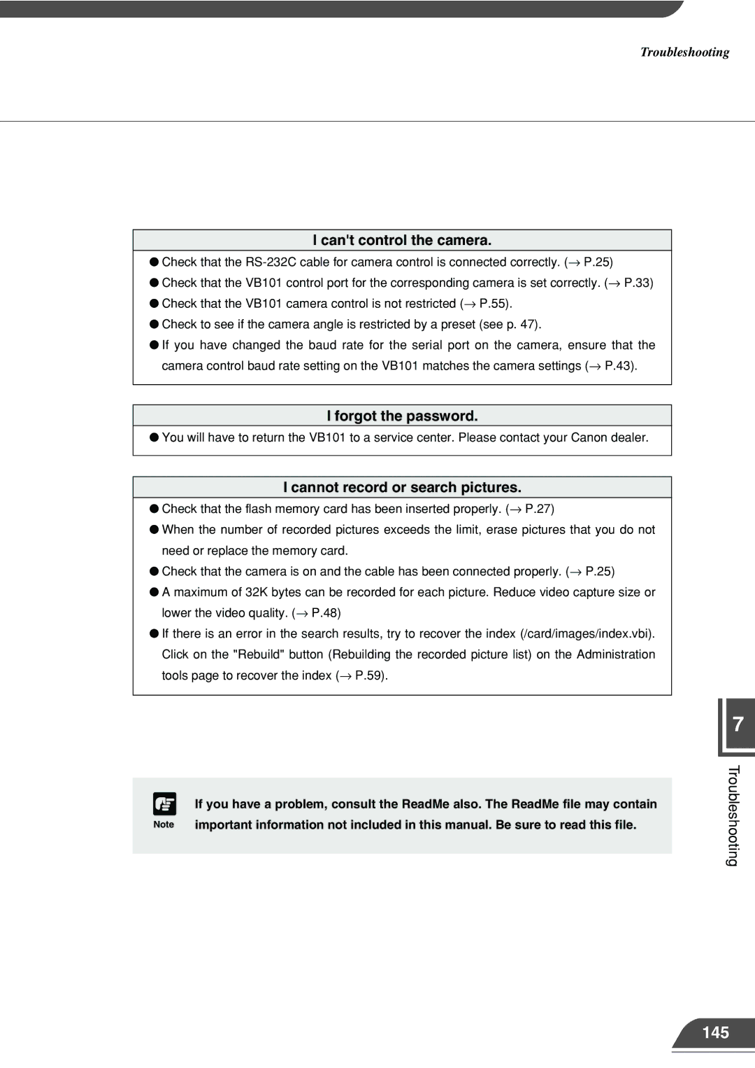 Canon VB101 appendix 145, Cant control the camera, Forgot the password, Cannot record or search pictures 