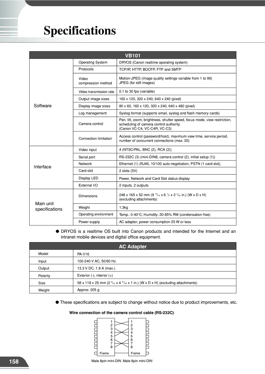 Canon VB101 appendix Specifications, 158, Wire connection of the camera control cable RS-232C 