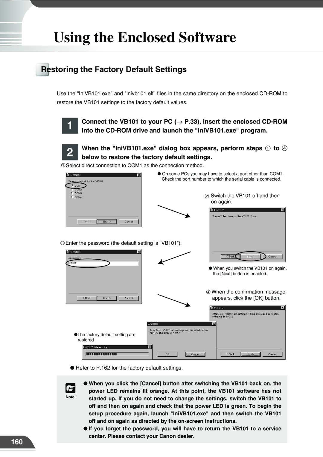 Canon VB101 appendix Using the Enclosed Software, Restoring the Factory Default Settings, 160 