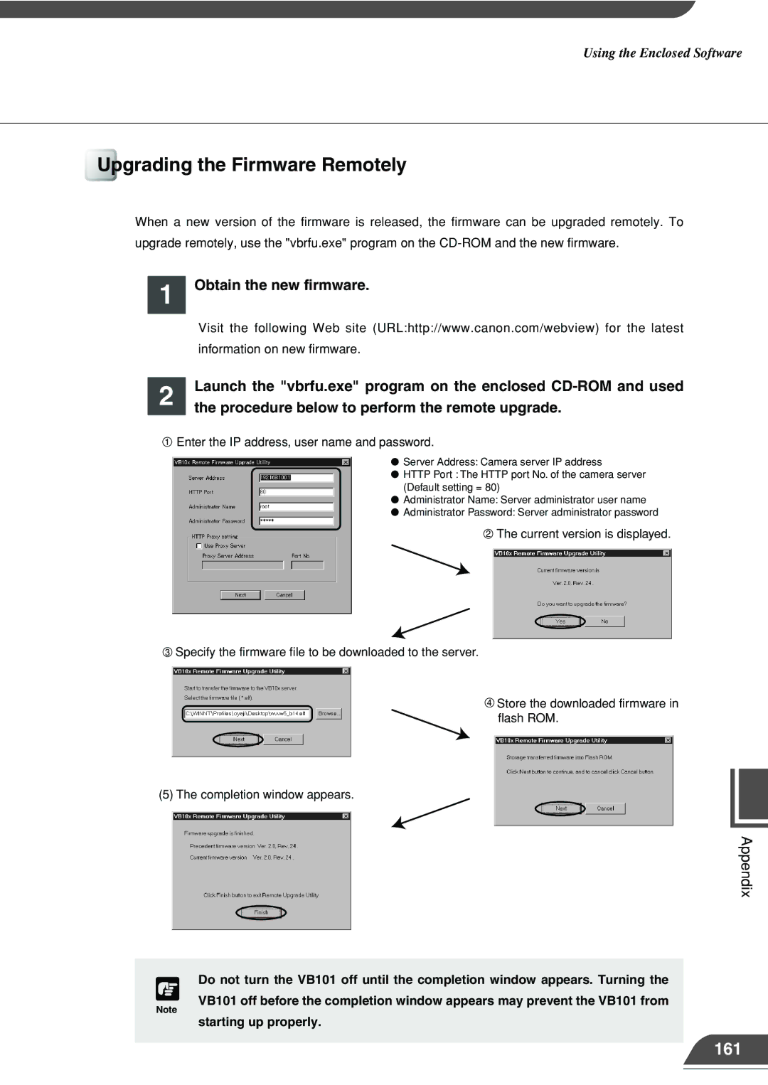 Canon VB101 Upgrading the Firmware Remotely, 161, Obtain the new firmware, Procedure below to perform the remote upgrade 