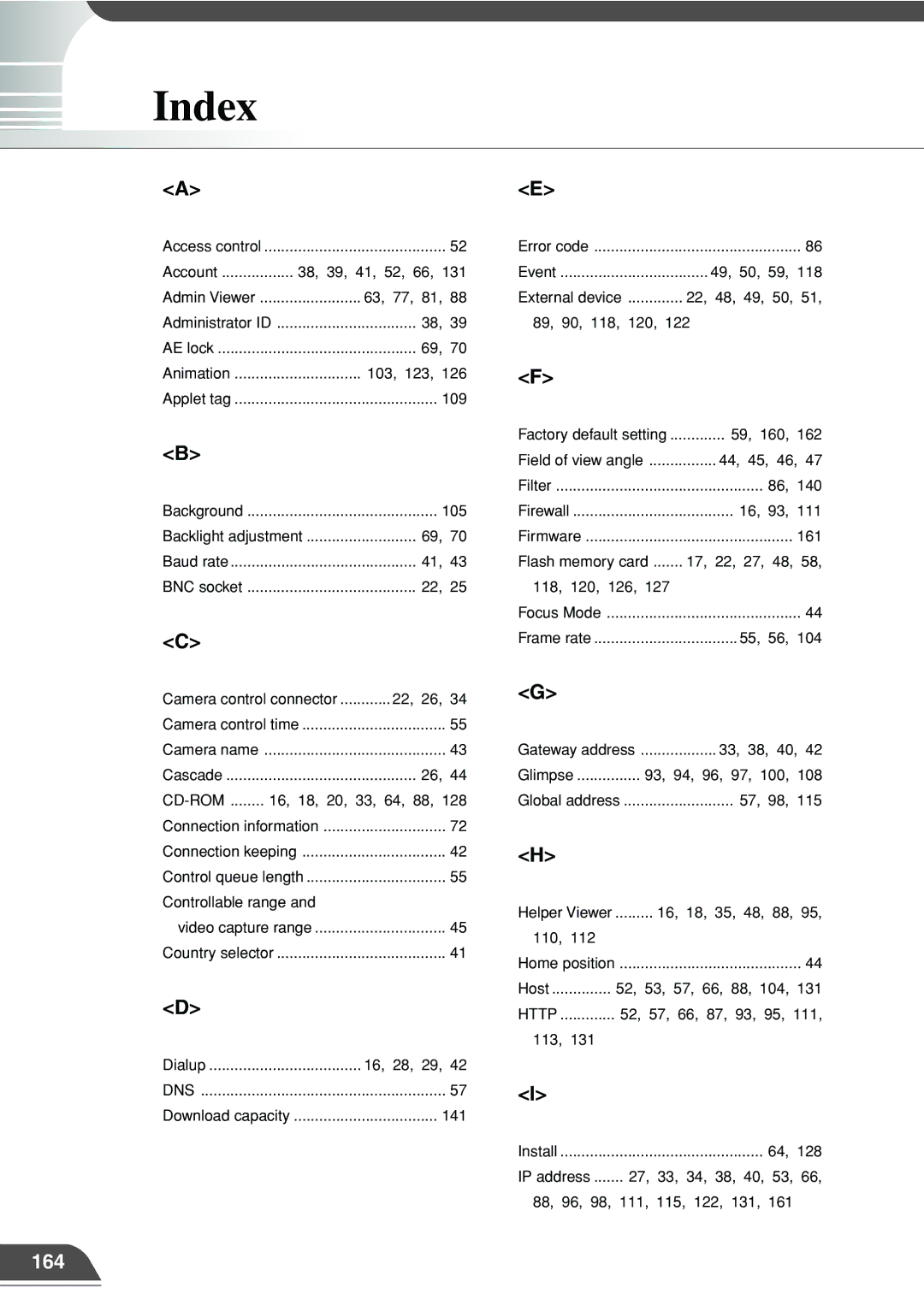 Canon VB101 appendix Index, 164 