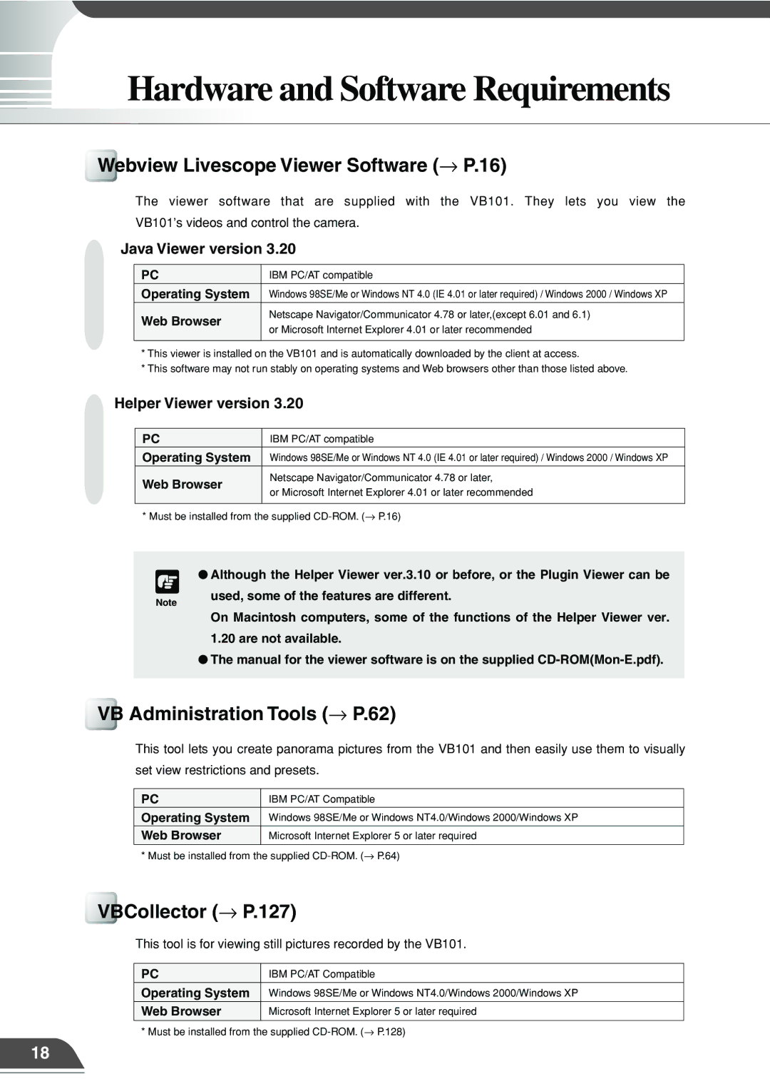 Canon VB101 Hardware and Software Requirements, Webview Livescope Viewer Software → P.16, VB Administration Tools → P.62 