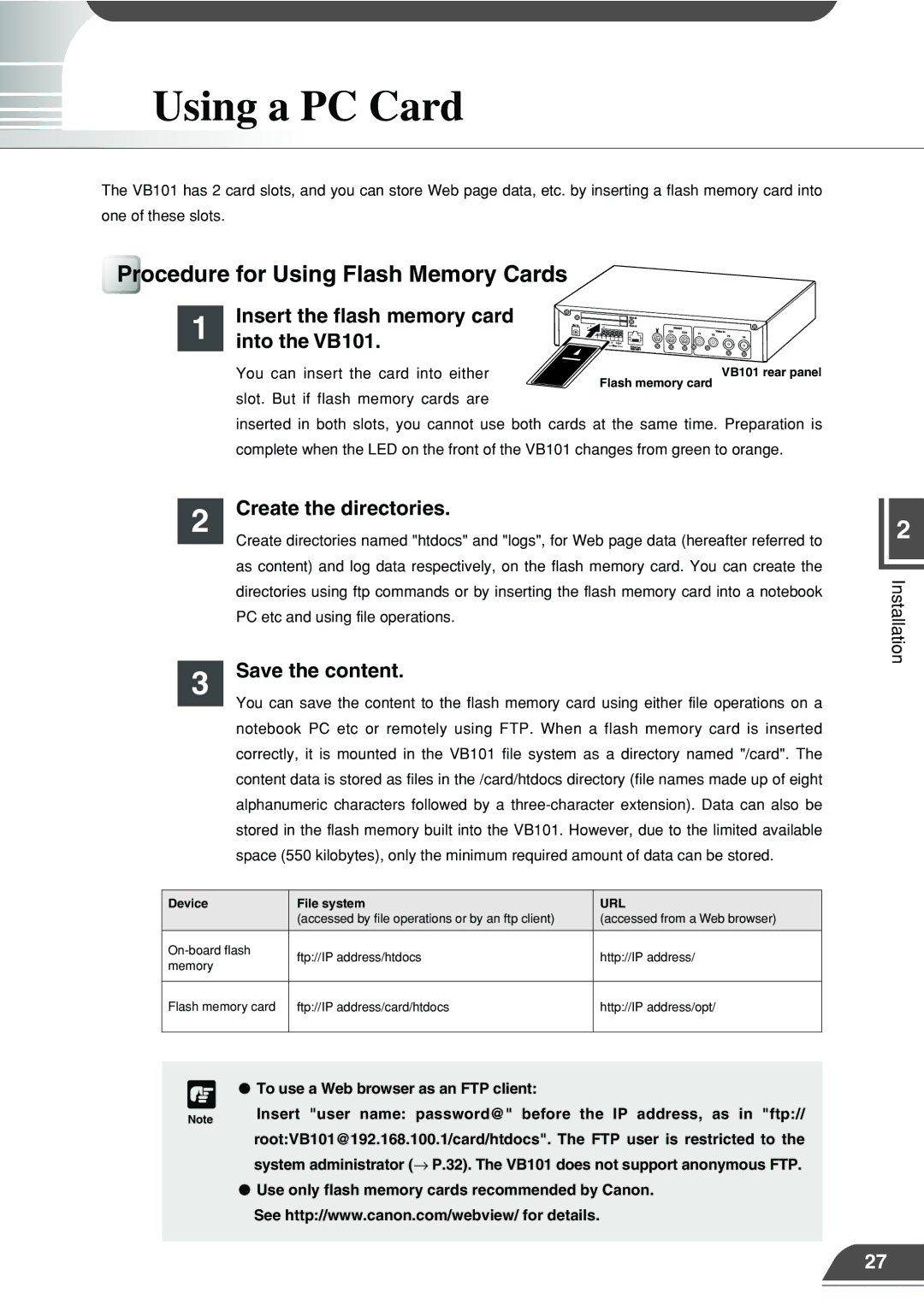 Canon appendix Using a PC Card, Procedure for Using Flash Memory Cards, Insert the flash memory card Into the VB101 