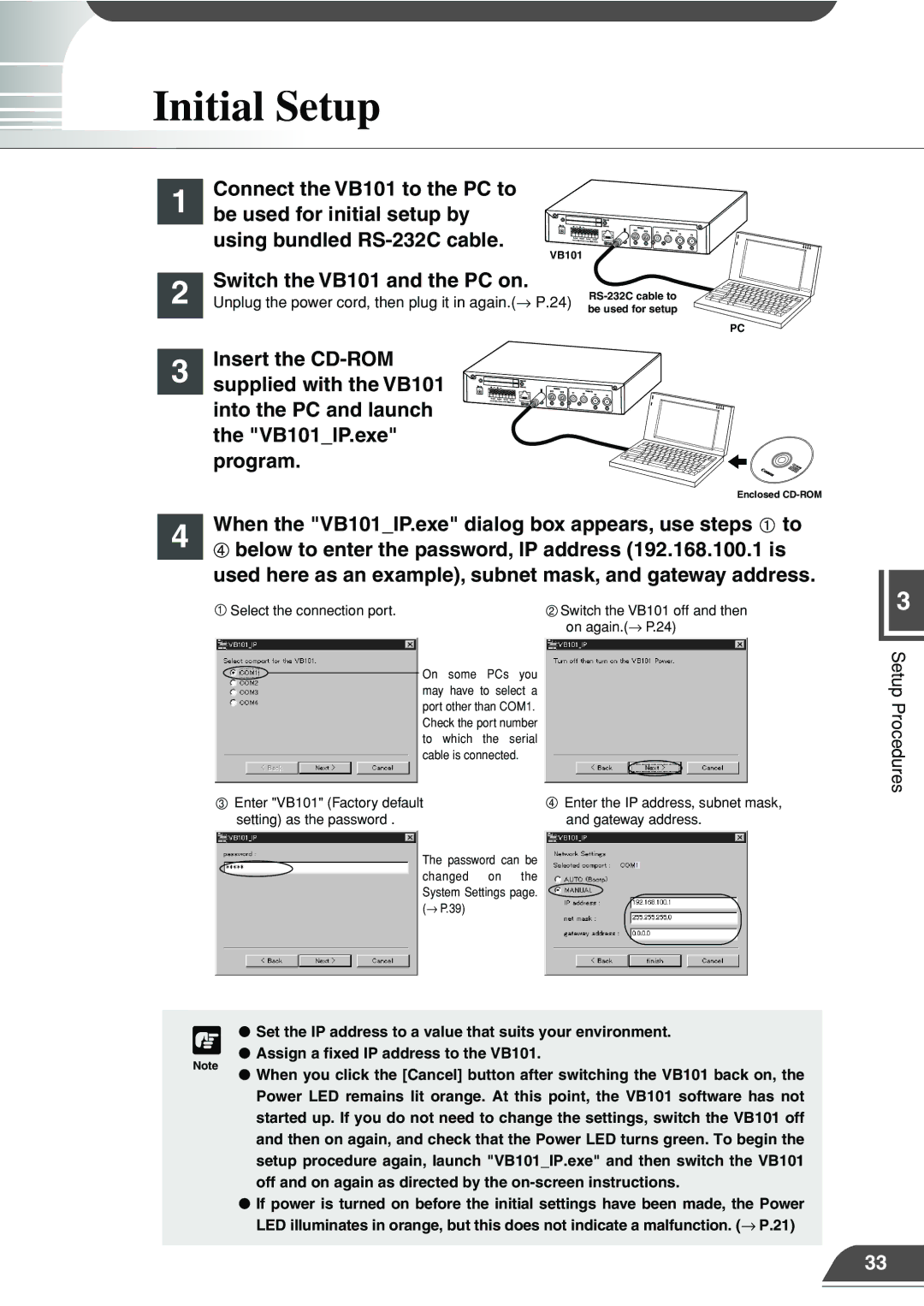 Canon appendix Initial Setup, Switch the VB101 and the PC on 