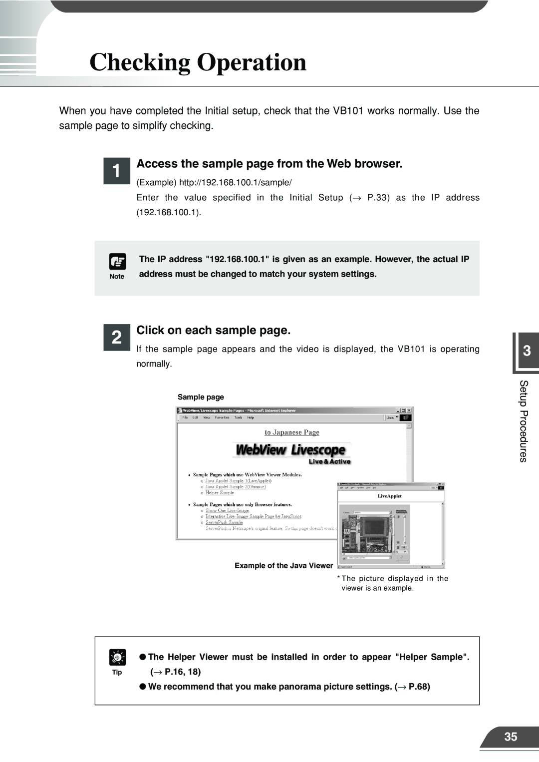 Canon VB101 appendix Checking Operation, Access the sample page from the Web browser, Click on each sample 