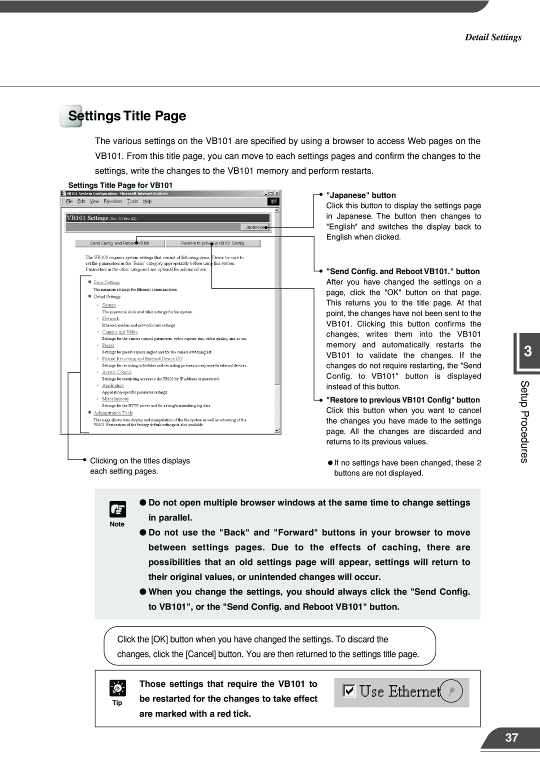 Canon VB101 appendix Settings Title, Parallel, Their original values, or unintended changes will occur 