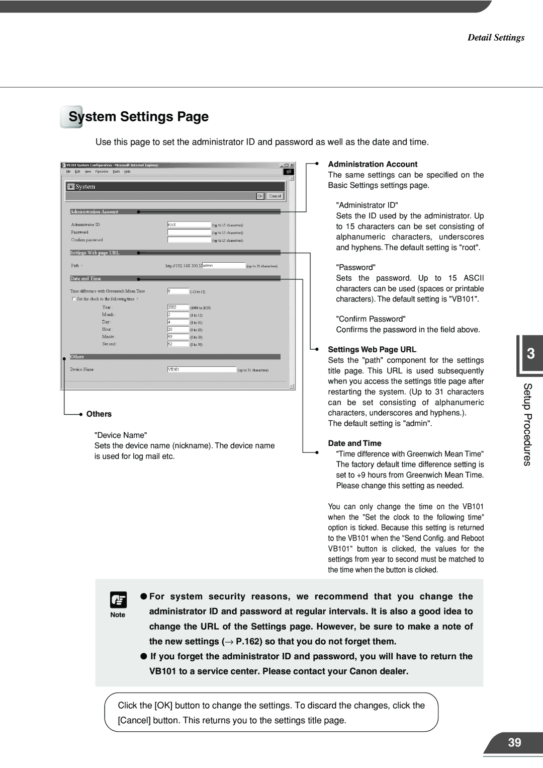 Canon VB101 appendix System Settings, Others, Settings Web Page URL, Date and Time 