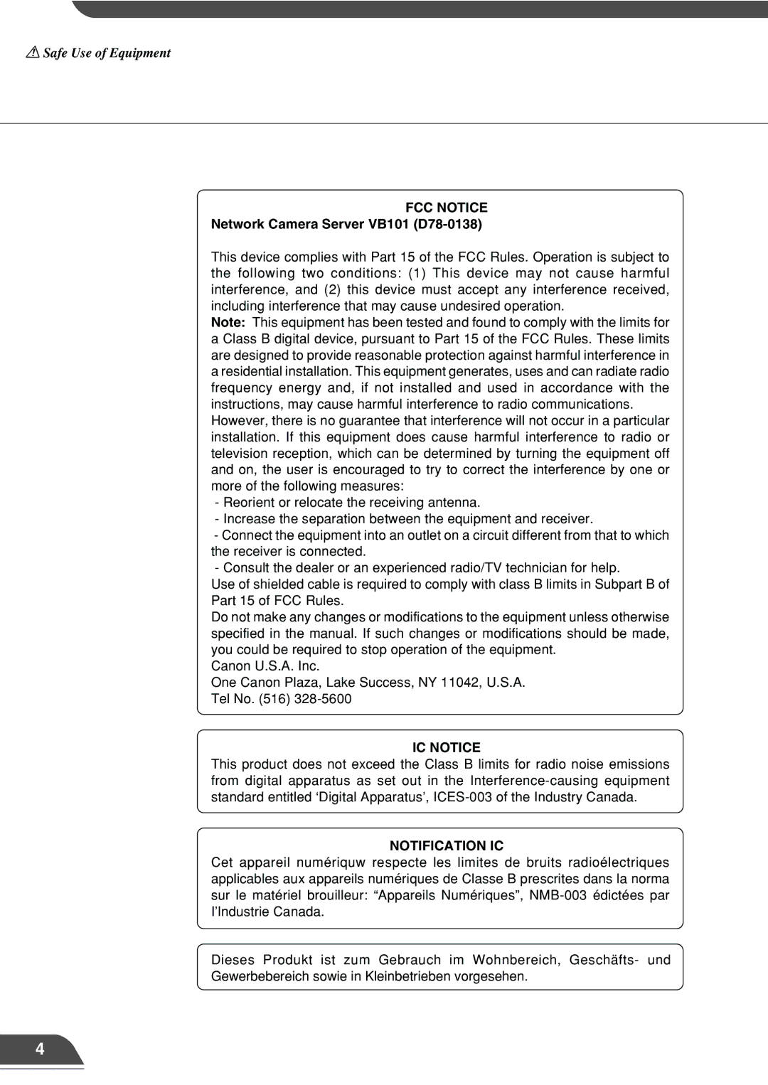 Canon VB101 appendix FCC Notice 