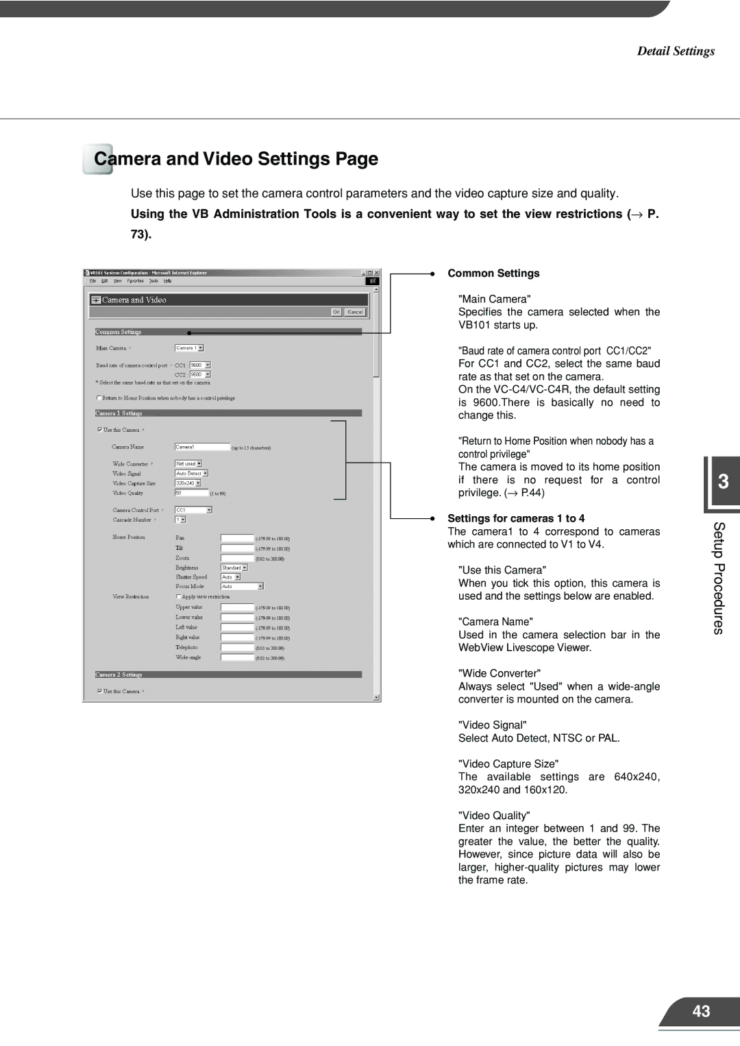 Canon VB101 appendix Camera and Video Settings, Common Settings, Settings for cameras 1 to 