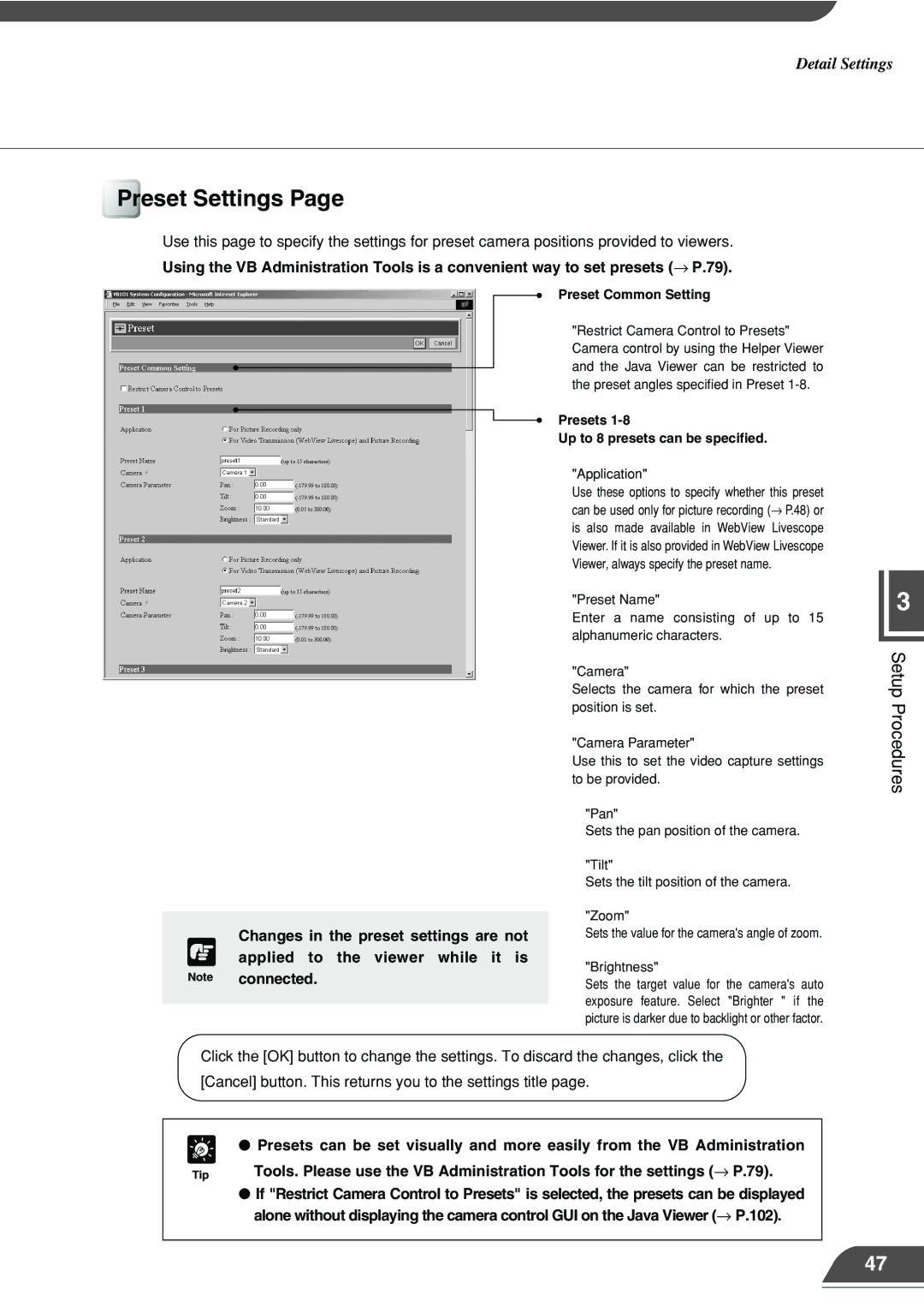 Canon VB101 appendix Preset Settings, Preset Common Setting, Presets Up to 8 presets can be specified 