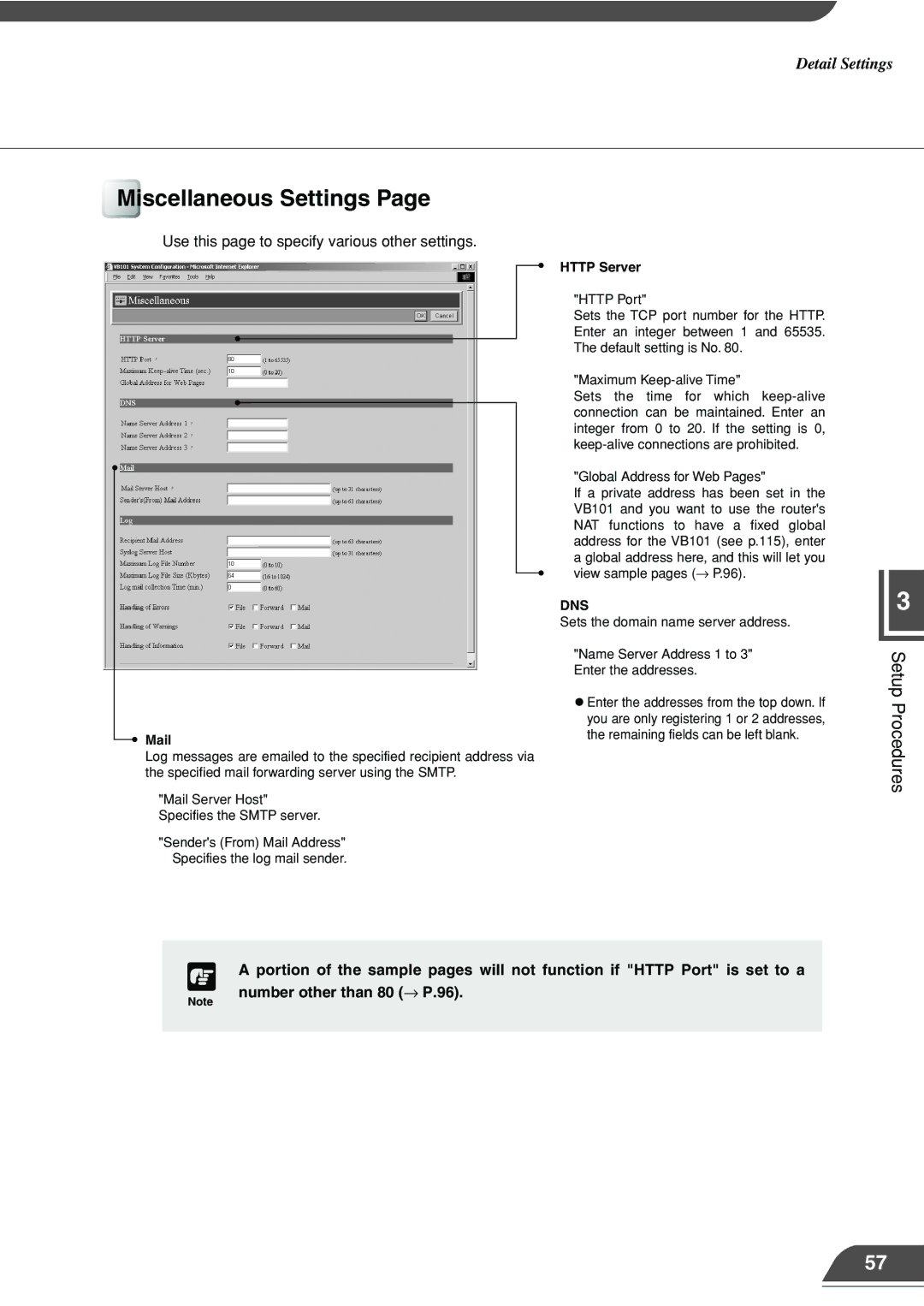 Canon VB101 Miscellaneous Settings, Use this page to specify various other settings, Number other than 80 → P.96, Mail 