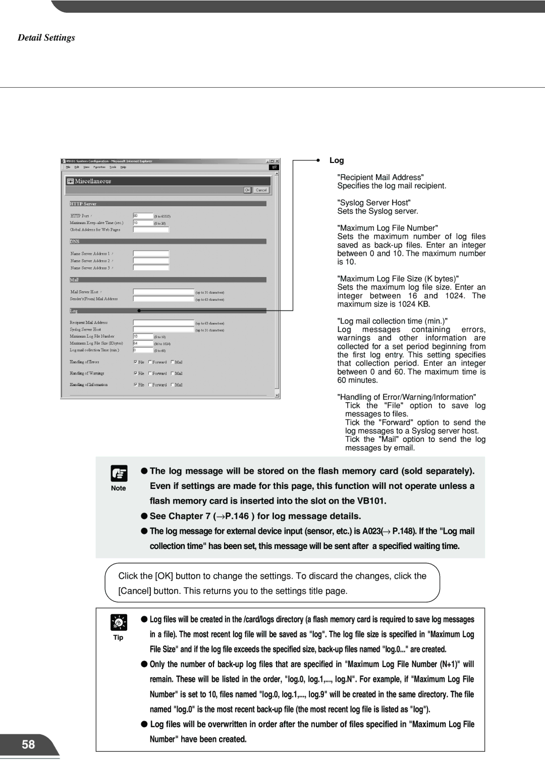 Canon appendix Flash memory card is inserted into the slot on the VB101, See →P.146 for log message details, Log 