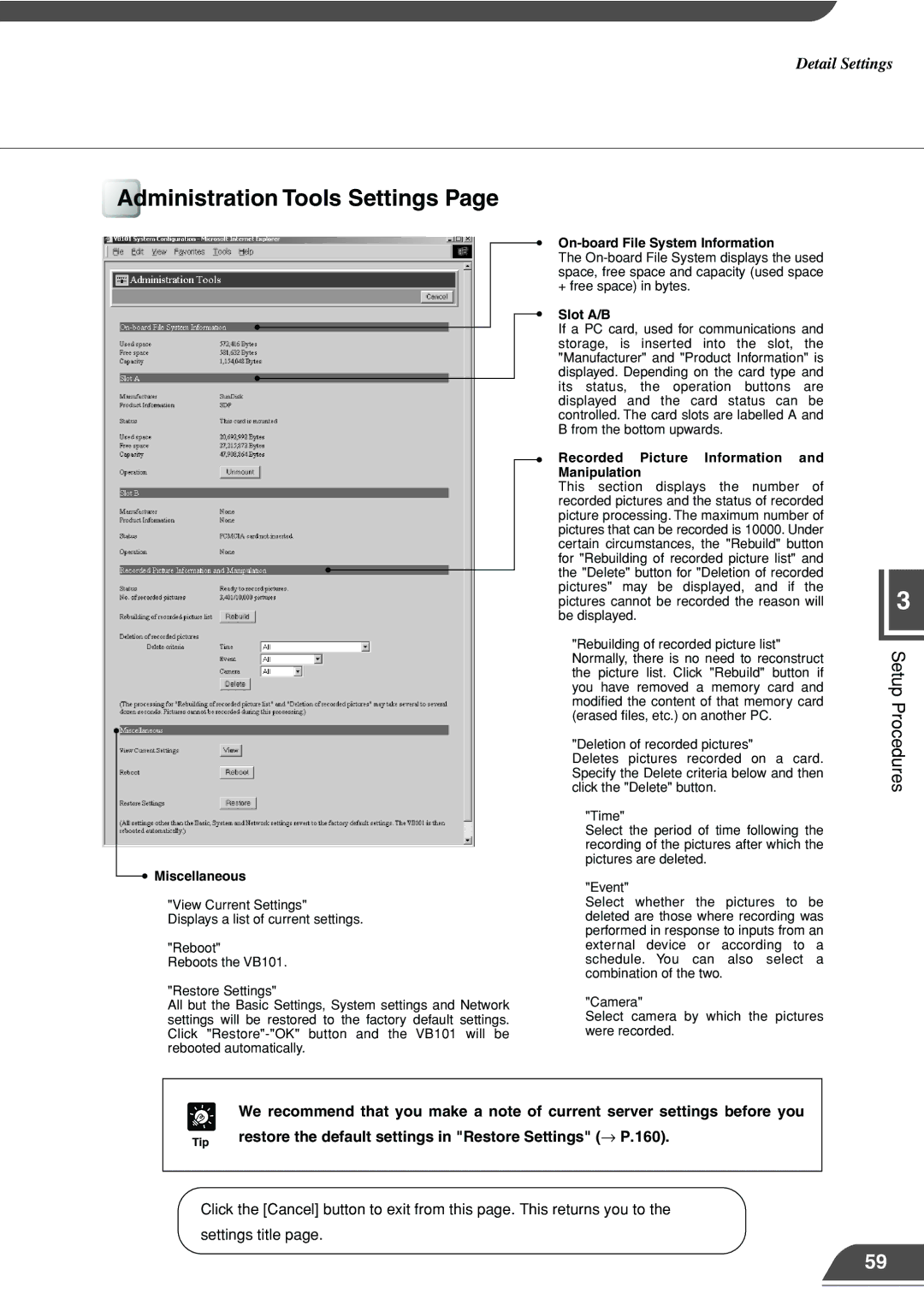 Canon VB101 appendix Administration Tools Settings, Restore the default settings in Restore Settings → P.160 