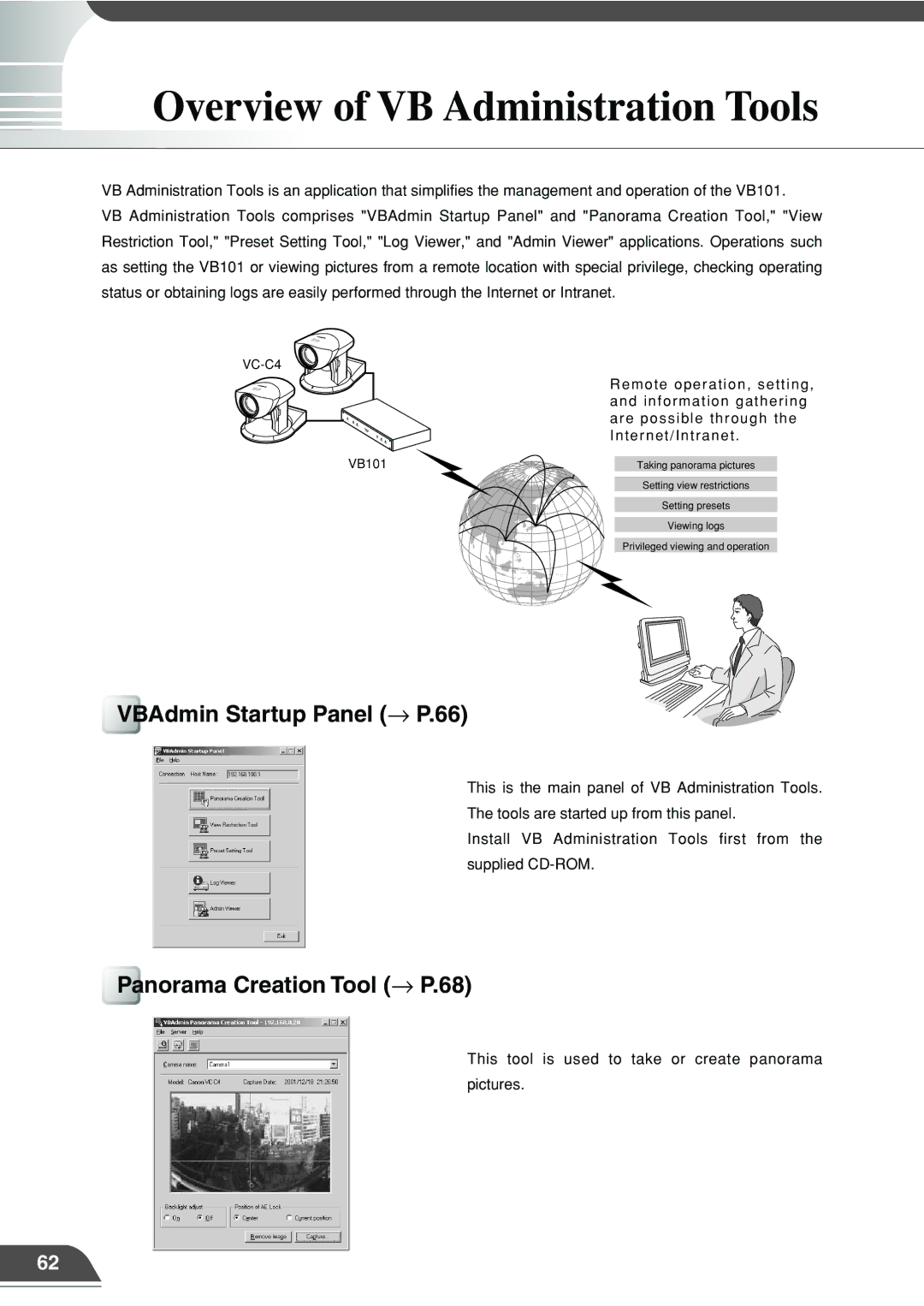 Canon VB101 appendix Overview of VB Administration Tools, VBAdmin Startup Panel → P.66, Panorama Creation Tool → P.68 