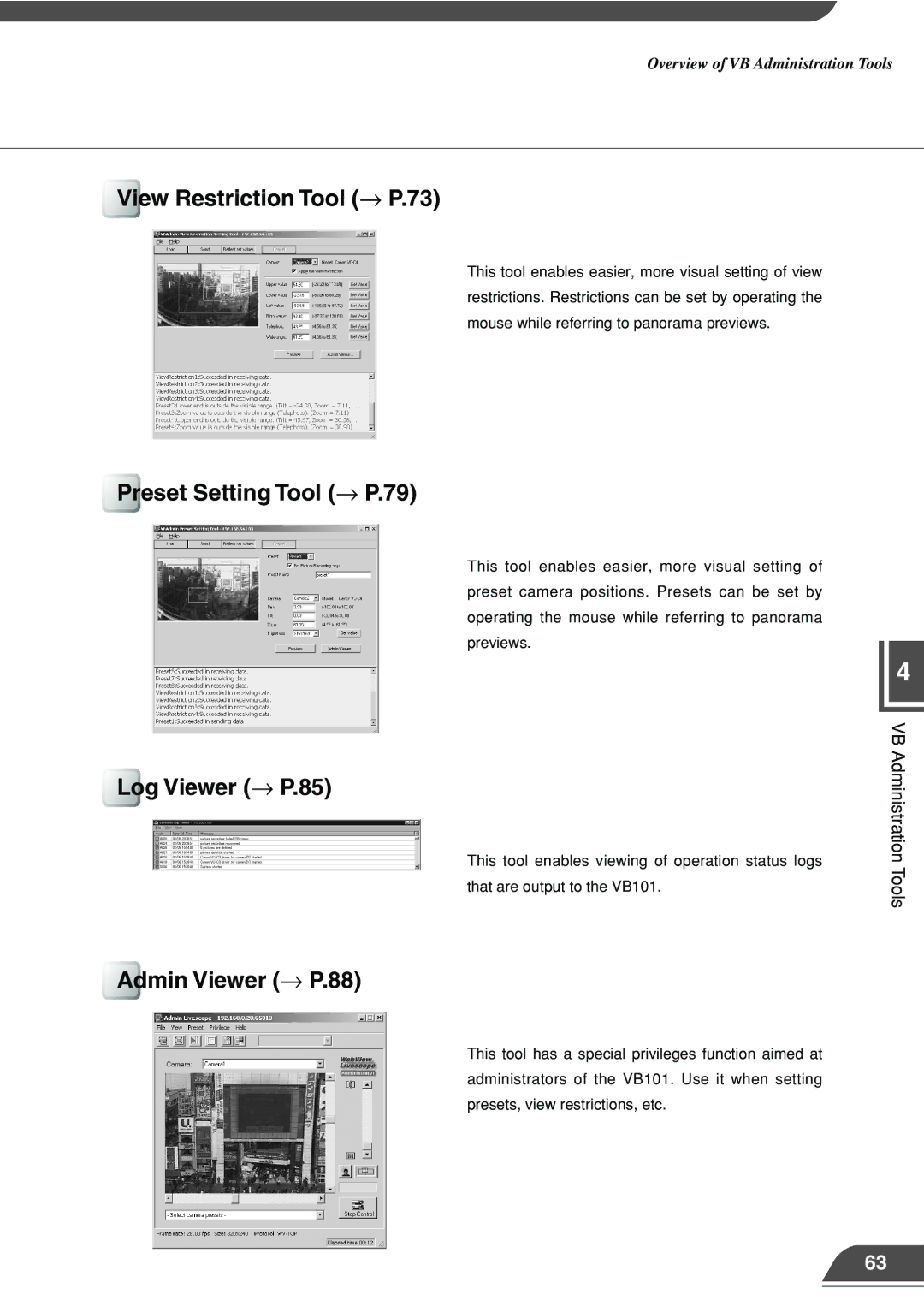 Canon VB101 appendix View Restriction Tool → P.73, Preset Setting Tool → P.79, Log Viewer → P.85, Admin Viewer → P.88 