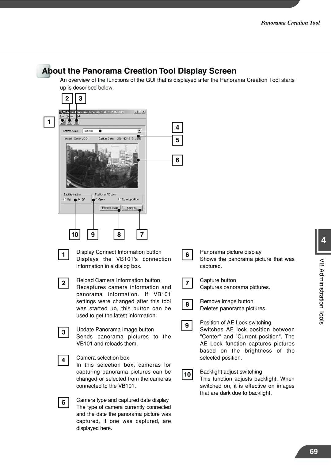 Canon VB101 appendix About the Panorama Creation Tool Display Screen 