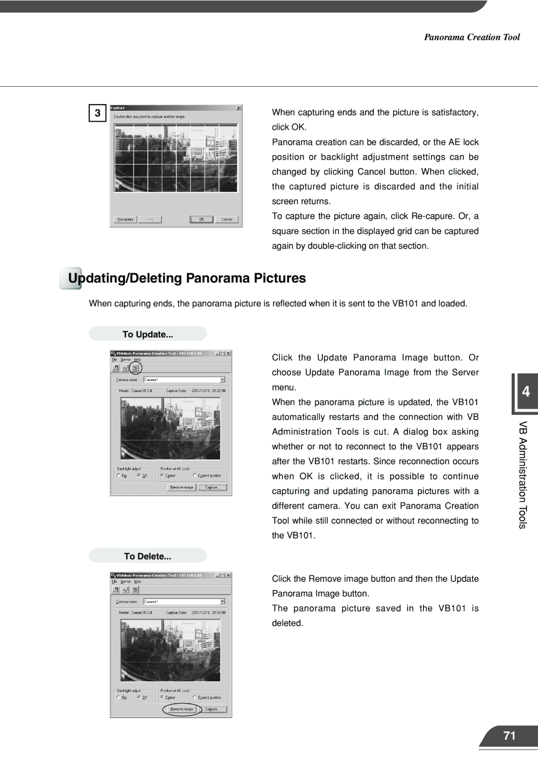 Canon VB101 appendix Updating/Deleting Panorama Pictures, To Update, To Delete 