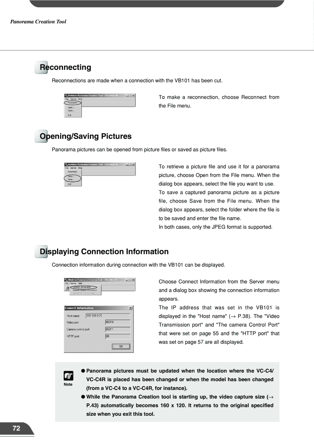 Canon VB101 appendix Reconnecting, Opening/Saving Pictures, Displaying Connection Information 