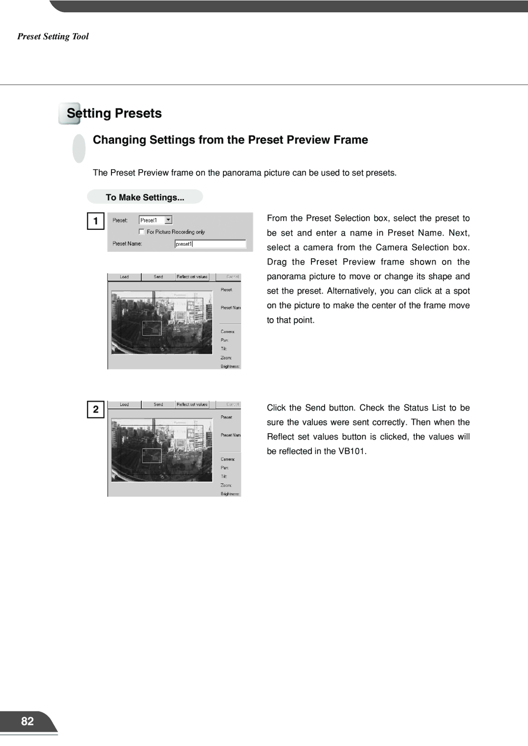 Canon VB101 appendix Setting Presets, Changing Settings from the Preset Preview Frame 