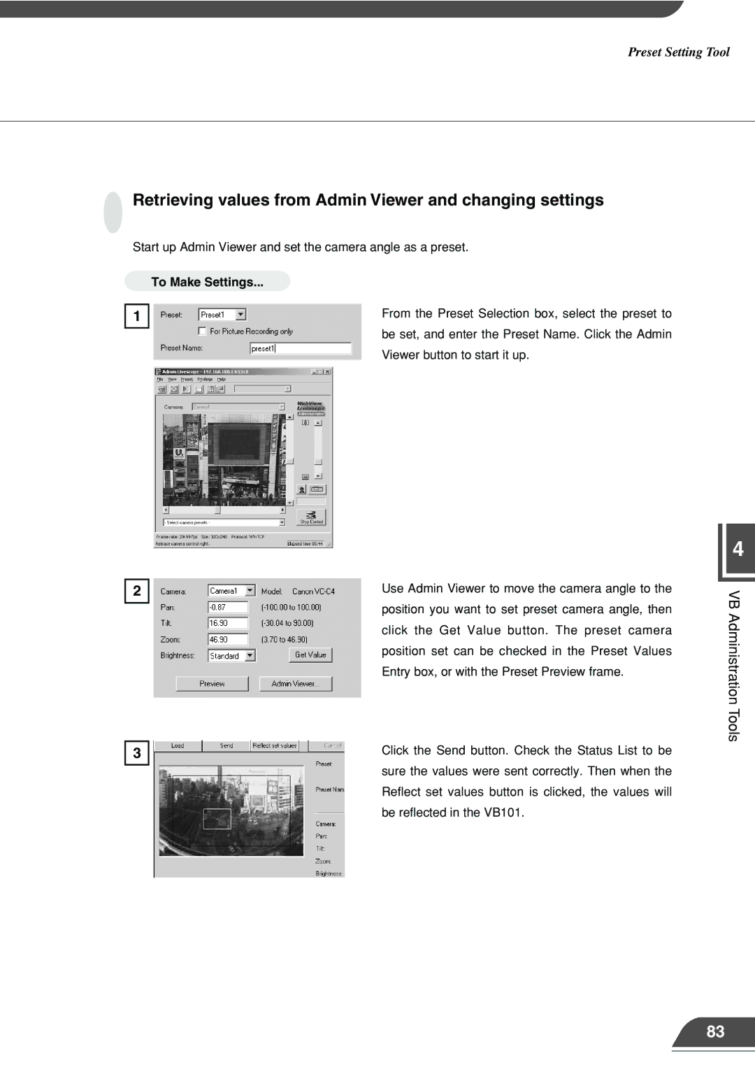 Canon VB101 appendix Retrieving values from Admin Viewer and changing settings 