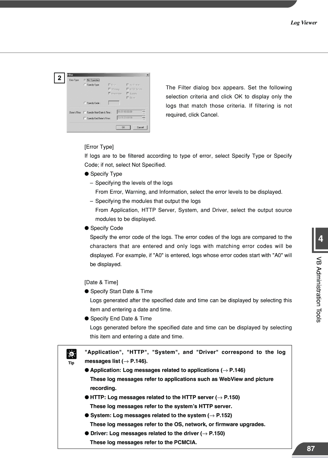 Canon VB101 appendix Application, HTTP, System, and Driver correspond to the log, Messages list → P.146, Recording 