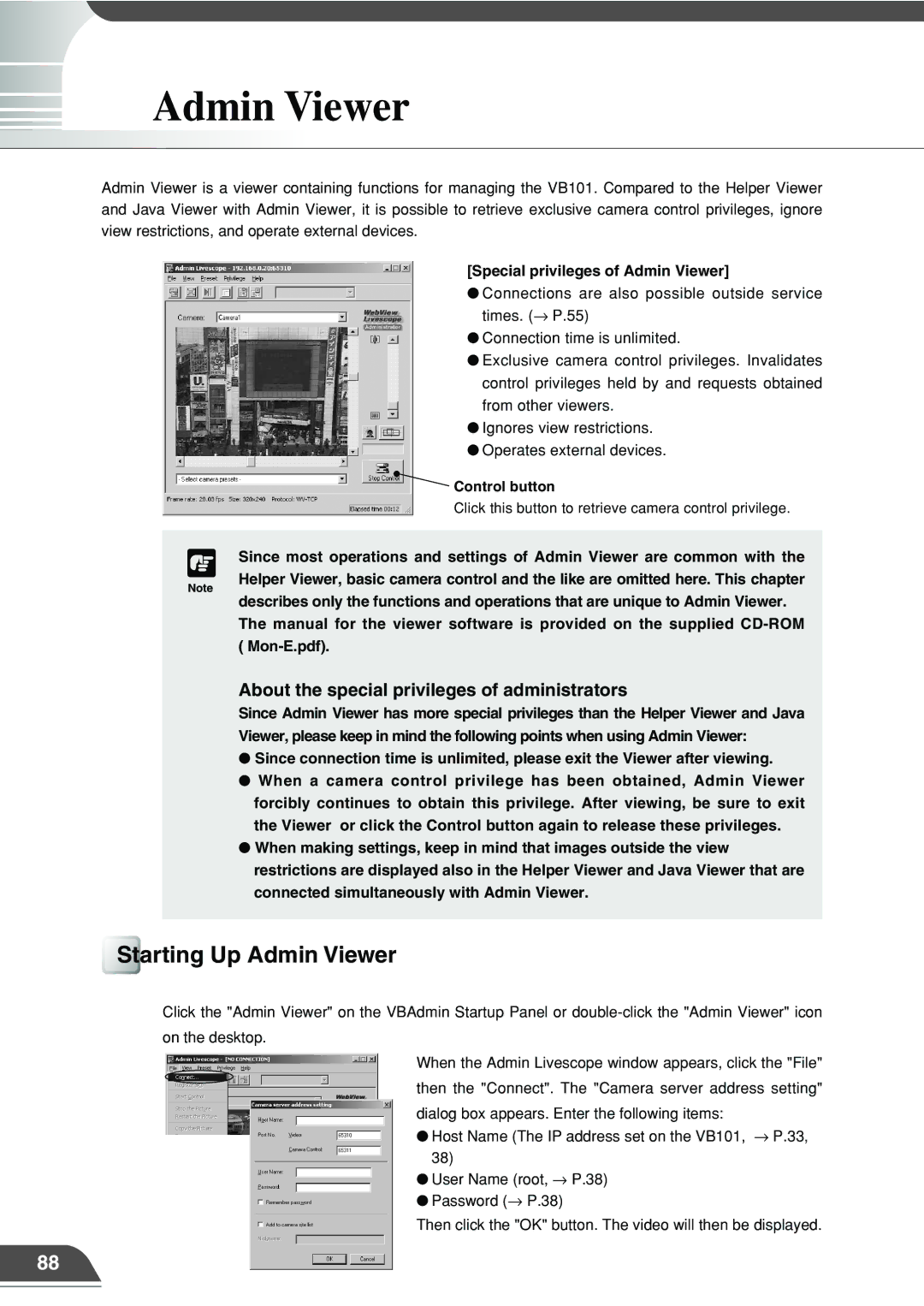 Canon VB101 appendix Starting Up Admin Viewer, About the special privileges of administrators, Control button 