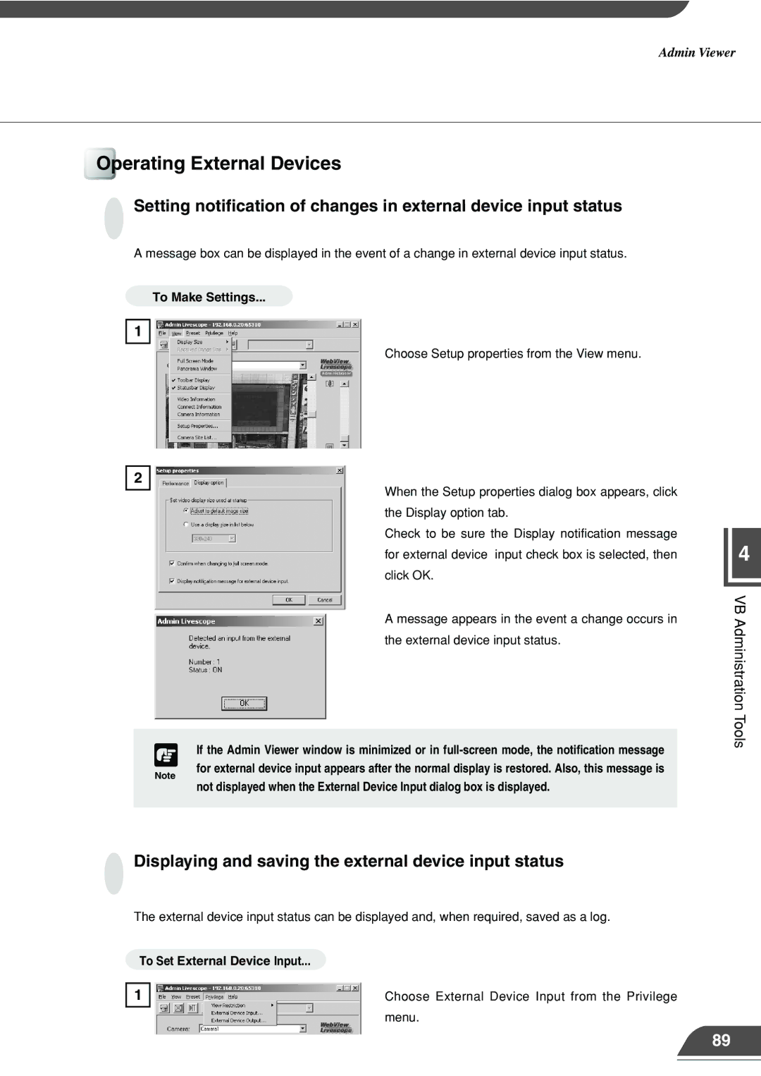 Canon VB101 appendix Operating External Devices, Displaying and saving the external device input status, Menu 