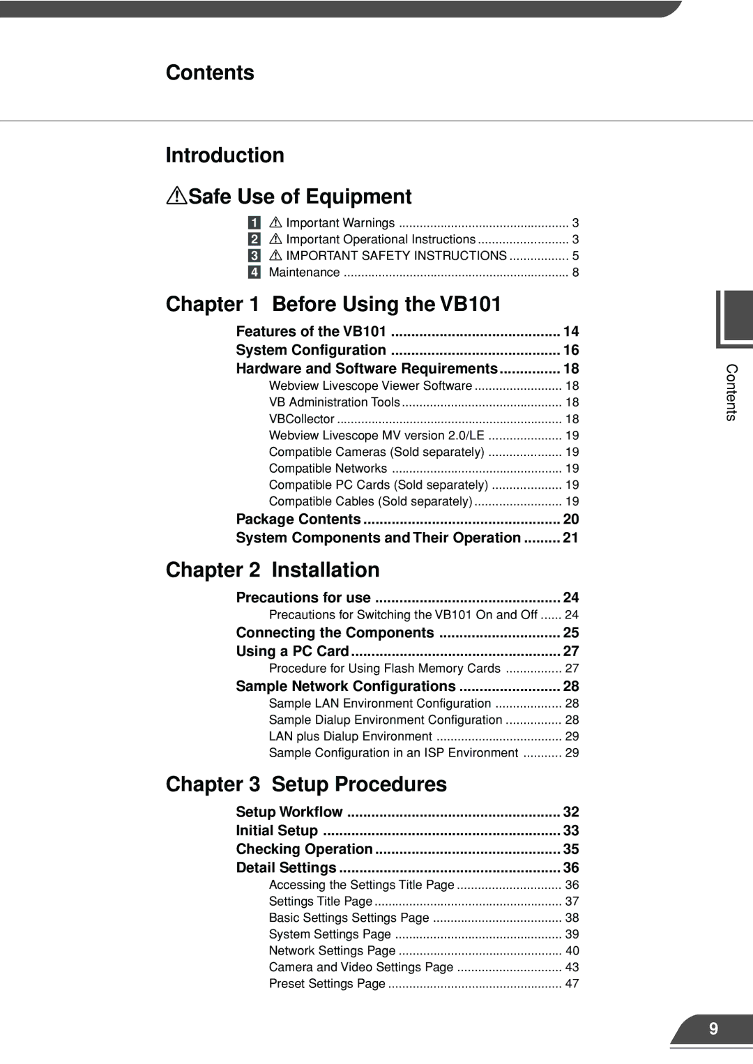 Canon VB101 appendix Contents Introduction ASafe Use of Equipment 