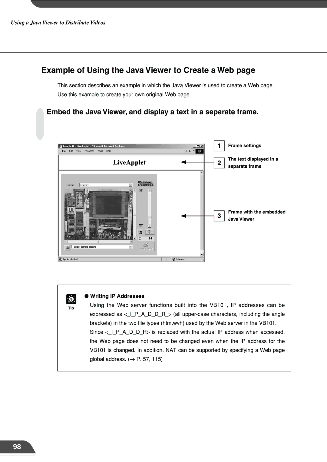 Canon VB101 appendix Example of Using the Java Viewer to Create a Web, Writing IP Addresses 