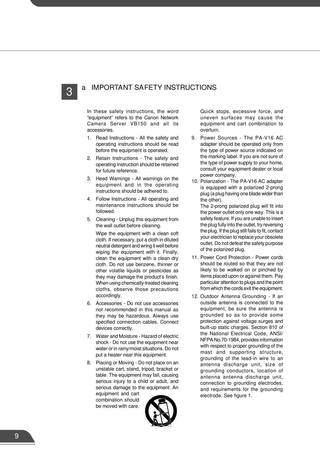 Canon VB150 appendix Important Safety Instructions 