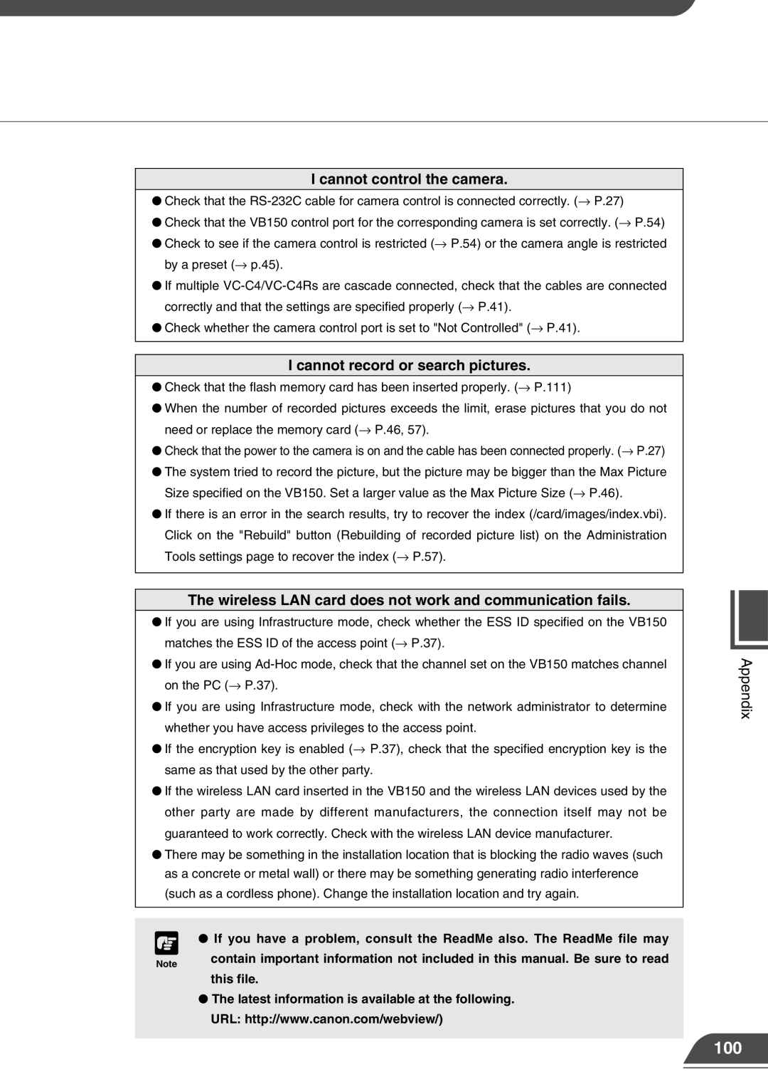 Canon VB150 appendix Cannot control the camera, Cannot record or search pictures, This file 