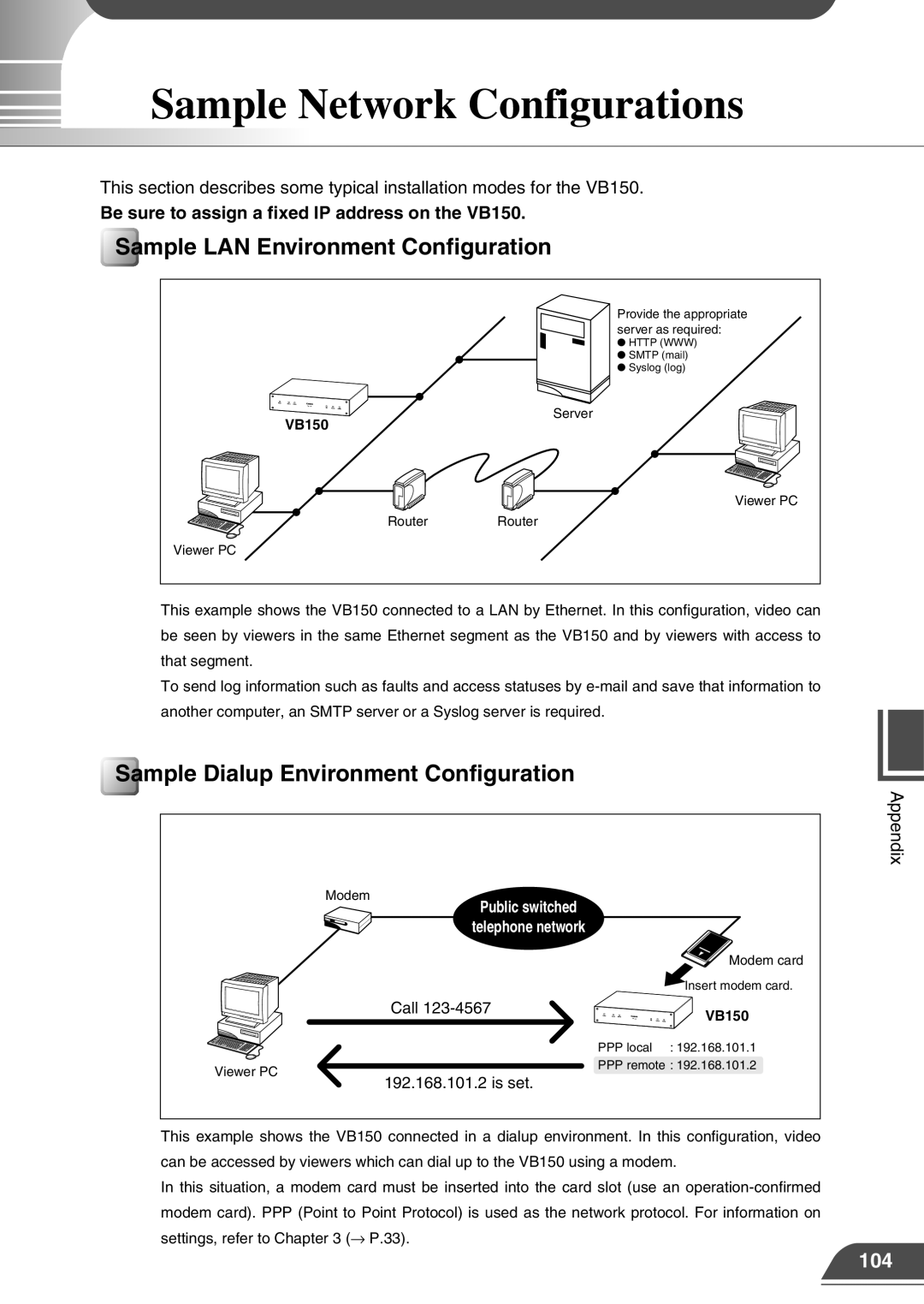 Canon VB150 Sample Network Configurations, Sample LAN Environment Configuration, Sample Dialup Environment Configuration 