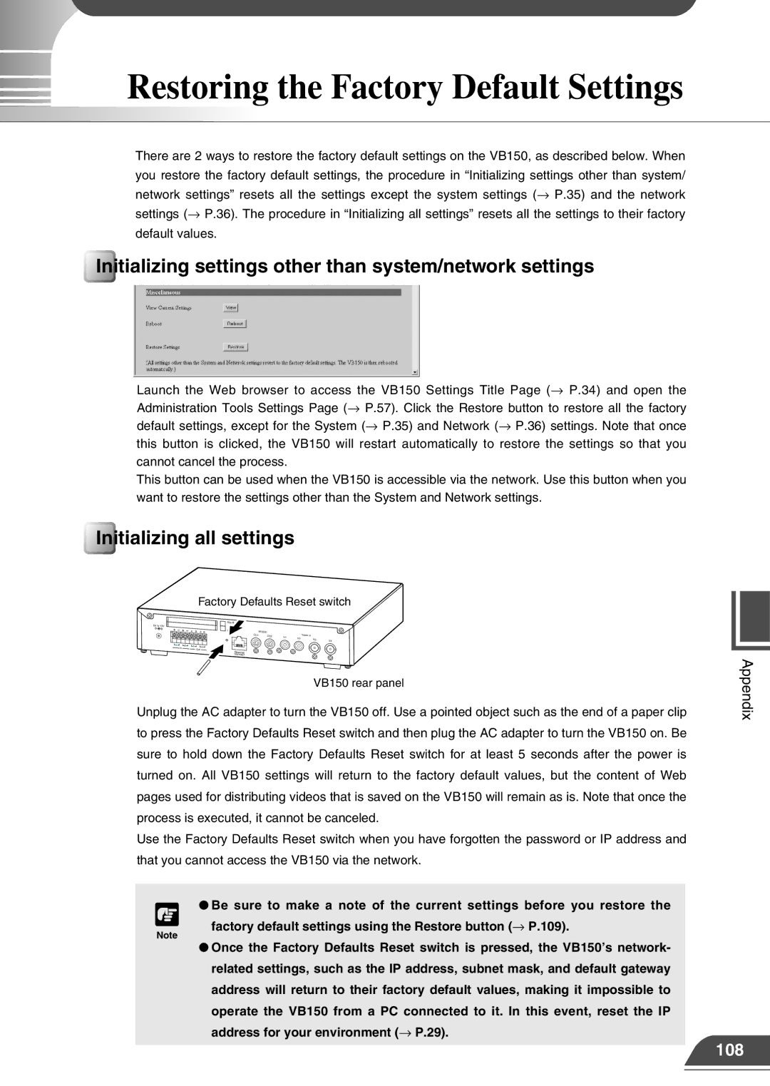 Canon VB150 appendix Restoring the Factory Default Settings, Initializing settings other than system/network settings 