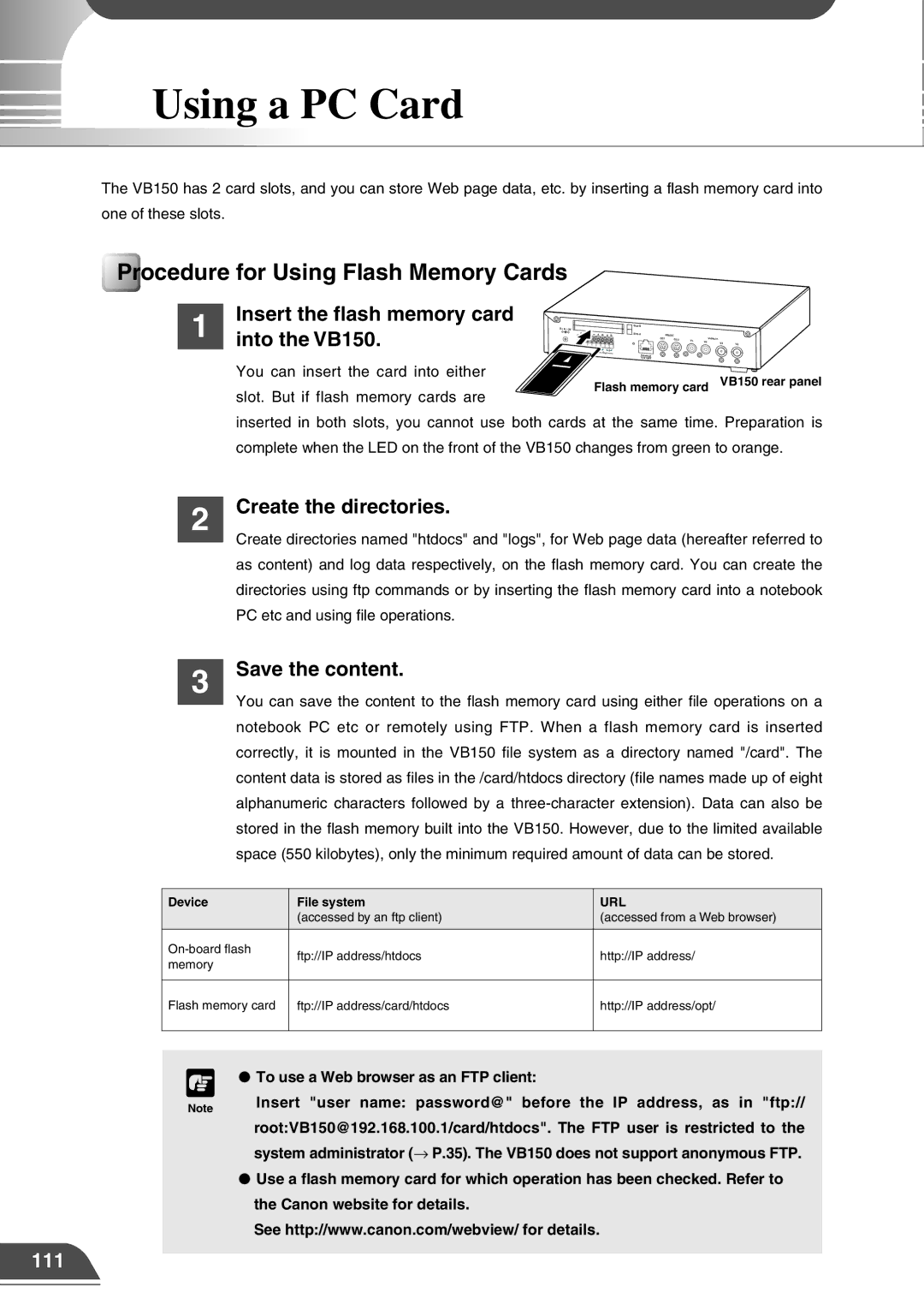 Canon appendix Using a PC Card, Procedure for Using Flash Memory Cards, Insert the flash memory card Into the VB150 