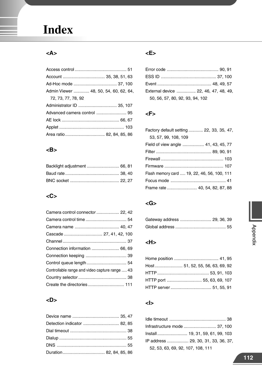 Canon VB150 appendix Index, Connection information 