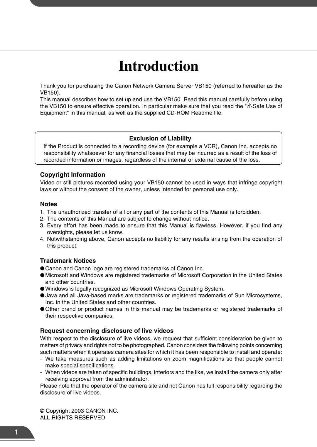 Canon VB150 appendix Introduction, Exclusion of Liability, Copyright Information, Trademark Notices 