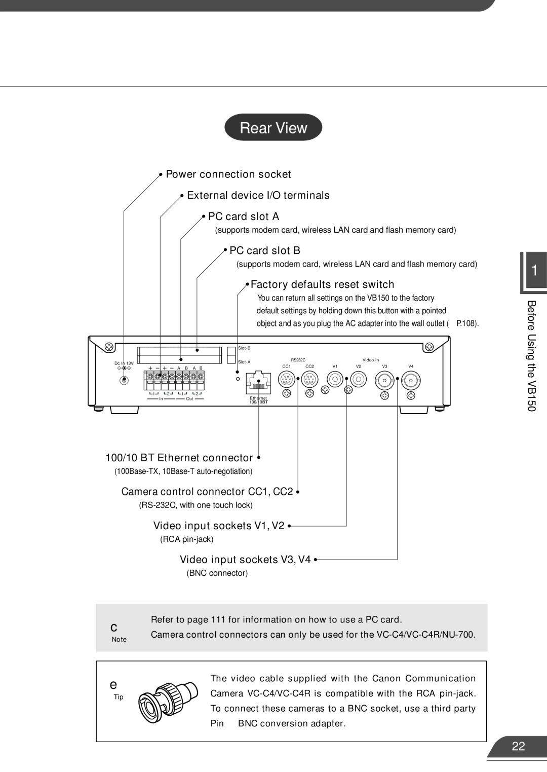 Canon VB150 PC card slot B, Factory defaults reset switch, 100/10 BT Ethernet connector, Camera control connector CC1, CC2 