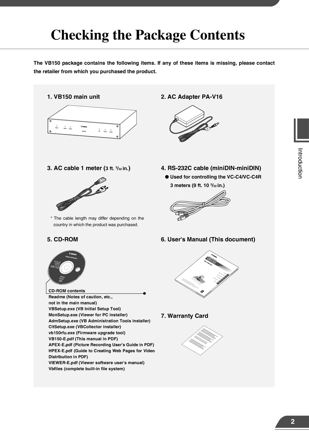 Canon VB150 appendix Checking the Package Contents 