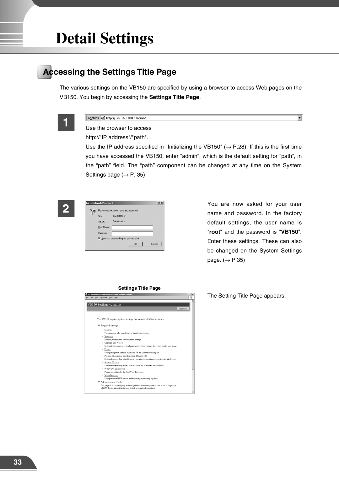 Canon VB150 appendix Detail Settings, Accessing the Settings Title 