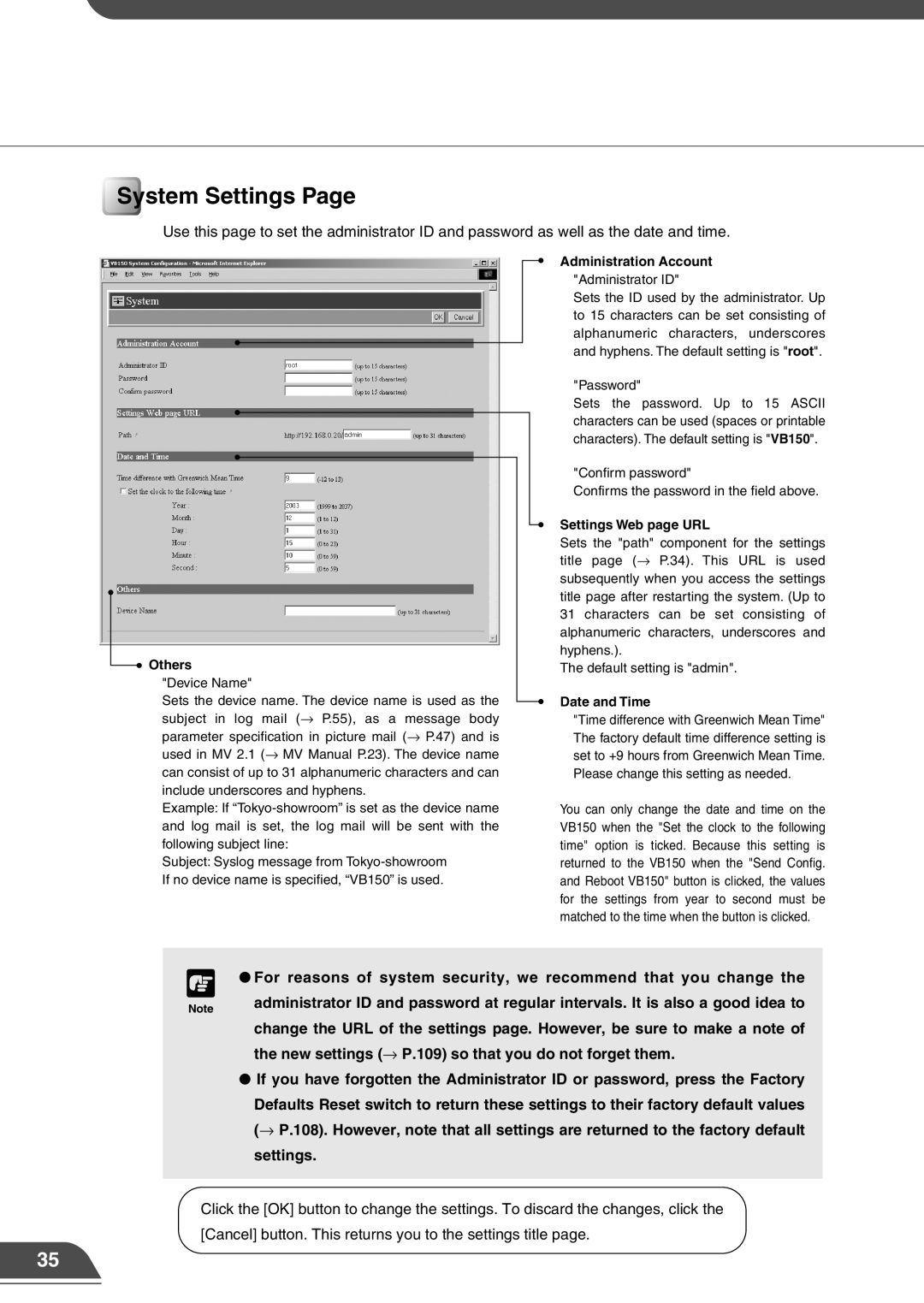 Canon VB150 appendix System Settings, Others, Administration Account, Settings Web page URL, Date and Time 