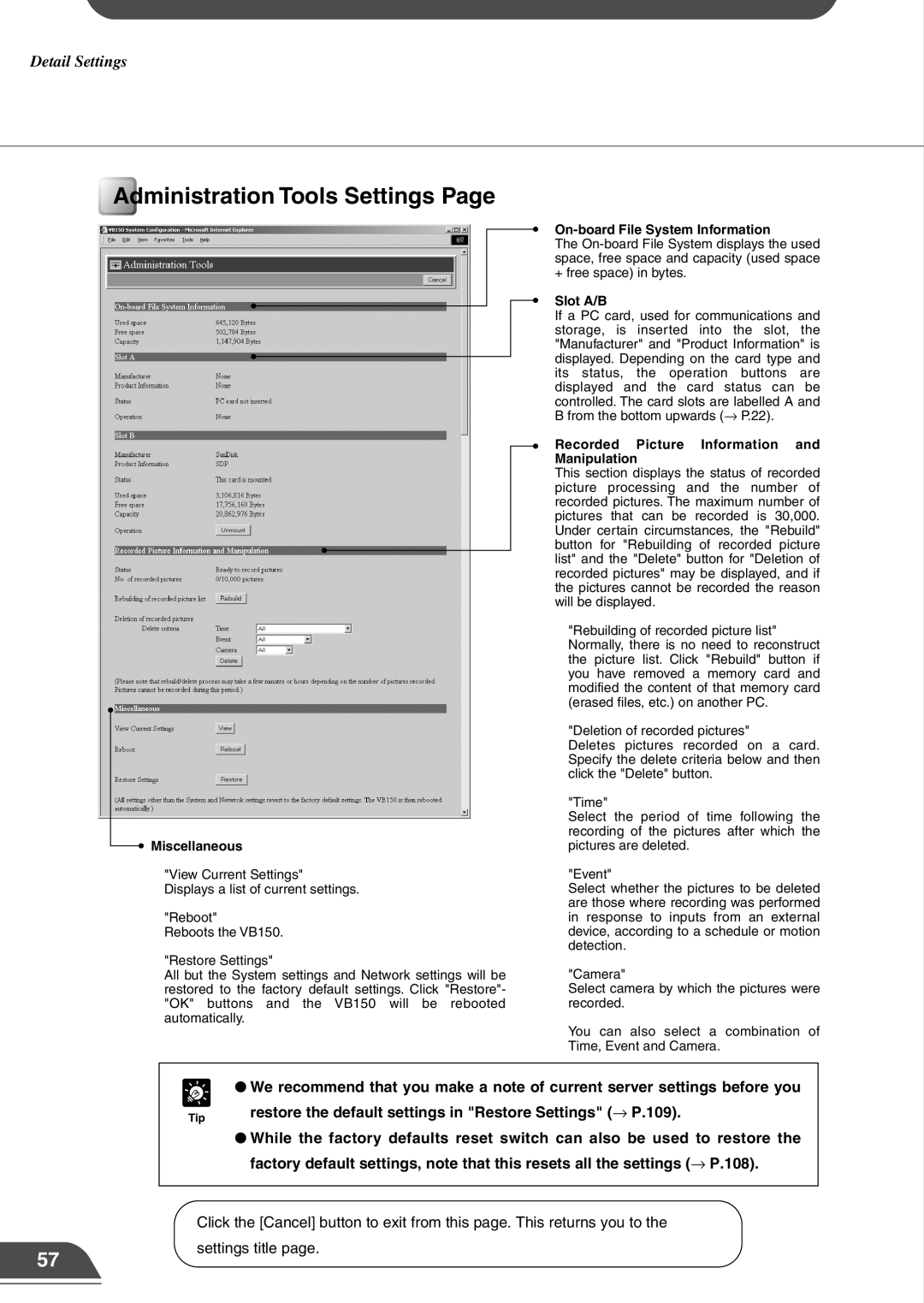 Canon VB150 appendix Administration Tools Settings, Miscellaneous, On-board File System Information, Slot A/B 