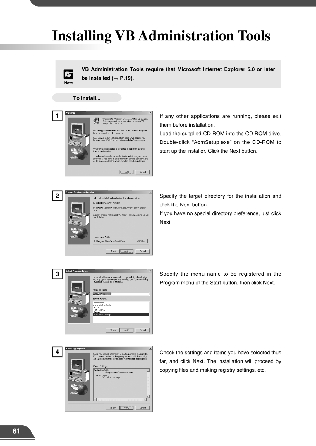 Canon VB150 appendix Installing VB Administration Tools, Be installed → P.19, To Install 