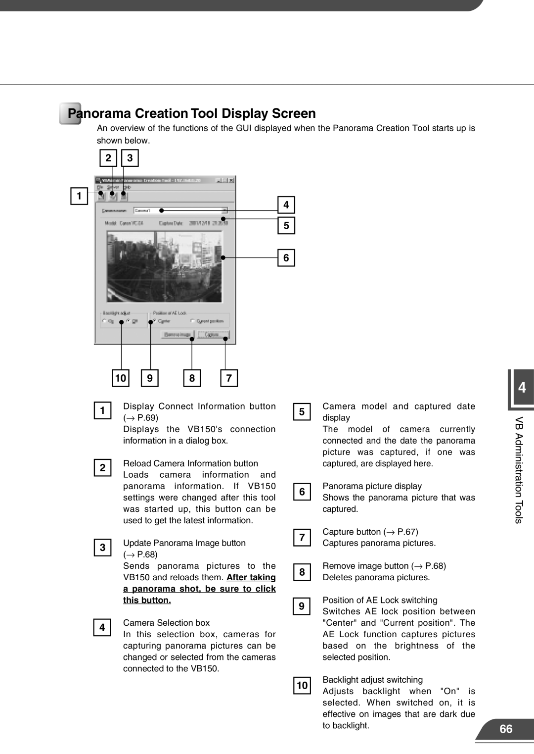 Canon VB150 appendix Panorama Creation Tool Display Screen, Panorama shot, be sure to click this button 