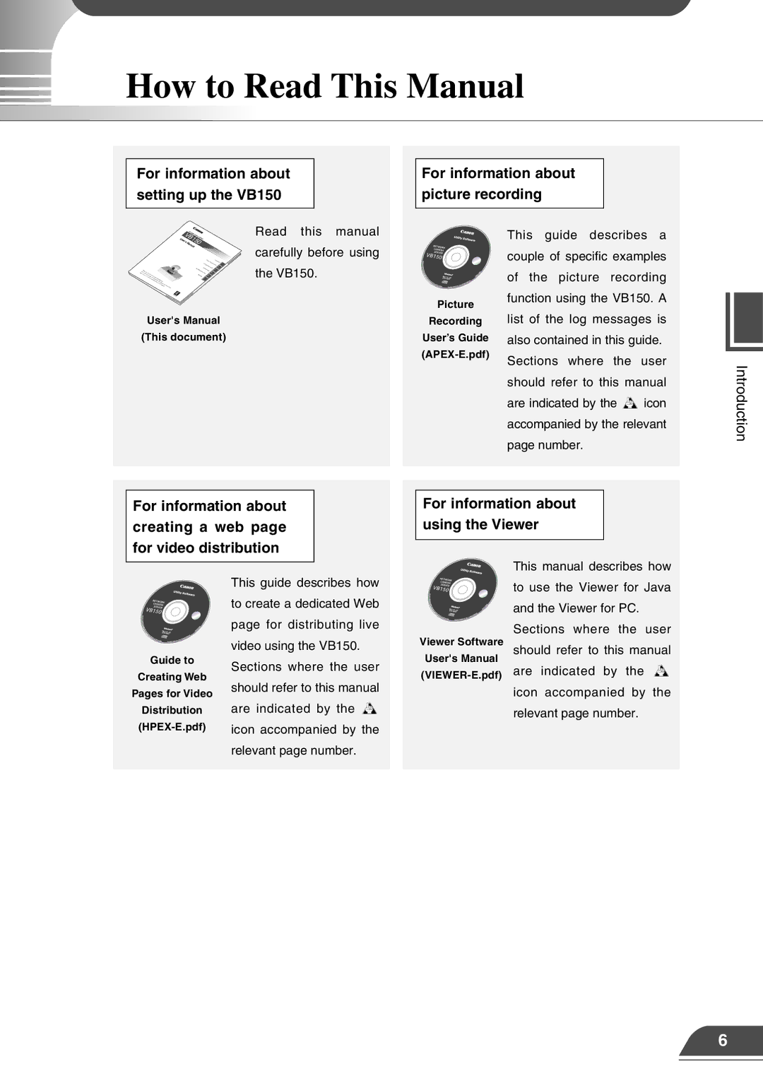 Canon VB150 appendix How to Read This Manual, This document Picture Recording User’s Guide, Viewer Software 