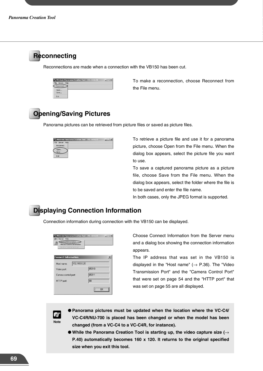 Canon VB150 appendix Reconnecting, Opening/Saving Pictures, Displaying Connection Information 